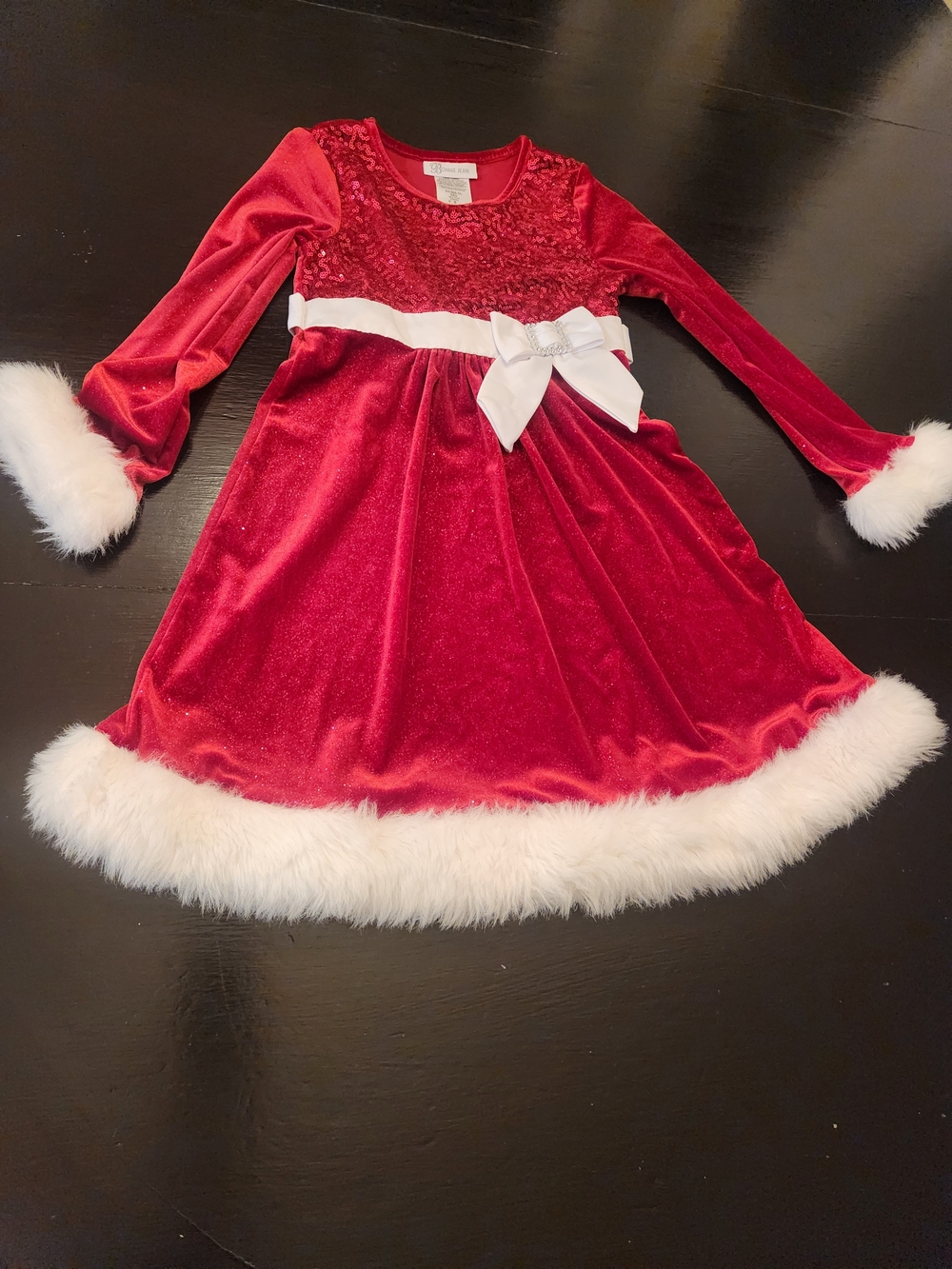 Bonnie Jean Red Velvet Holiday Dress with White Faux-Fur Trim